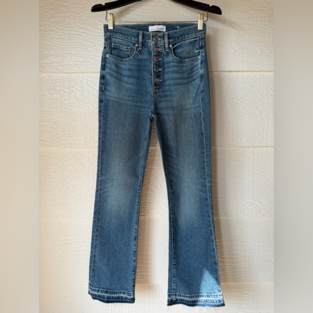 LOFT The Kick Crop High Rise Flare Jeans Raw Hem Size 24/00 NWT